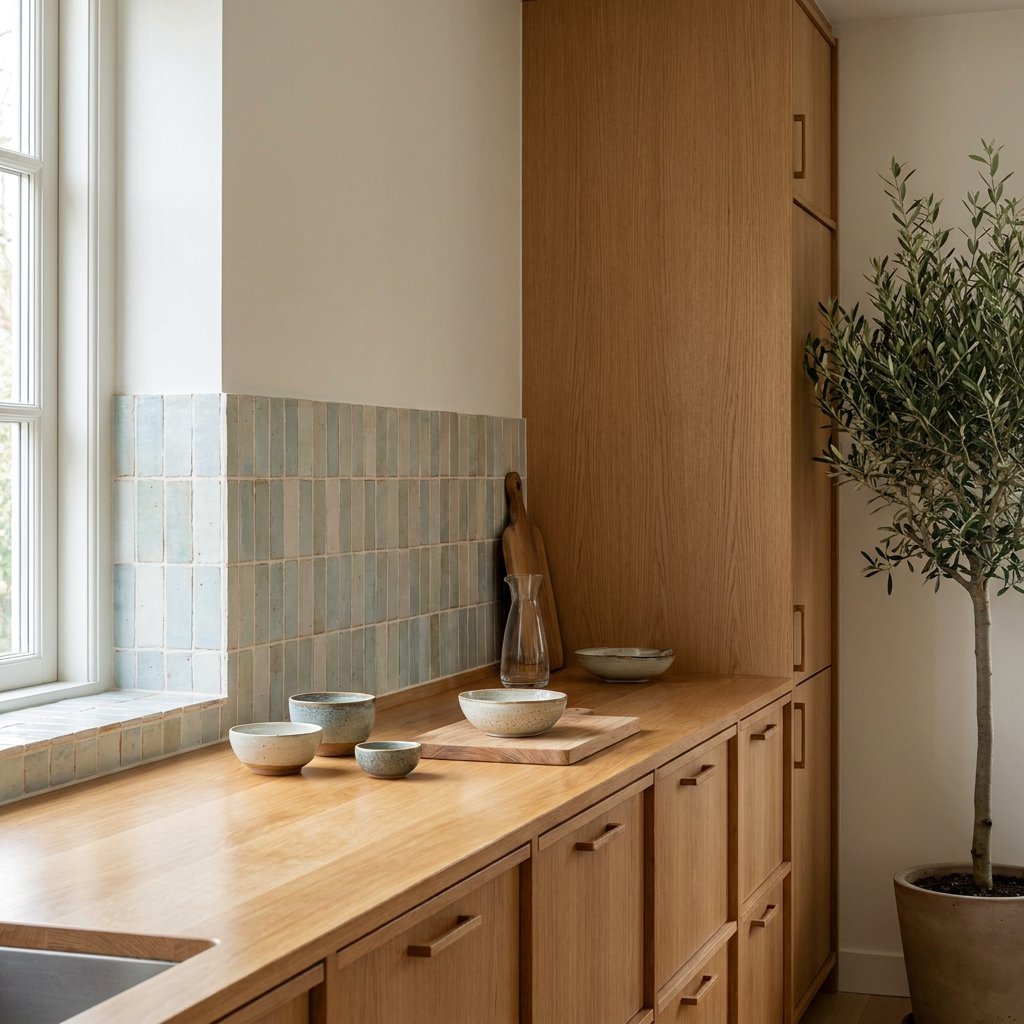 Moderne keuken met kleine wandtegels in zachte tinten, houten werkblad en daglicht dat de voegdetails en ambachtelijke uitstraling benadrukt.
