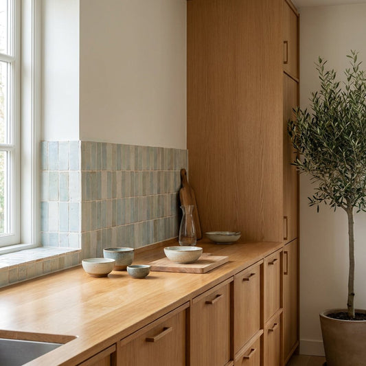 Moderne keuken met kleine wandtegels in zachte tinten, houten werkblad en daglicht dat de voegdetails en ambachtelijke uitstraling benadrukt.