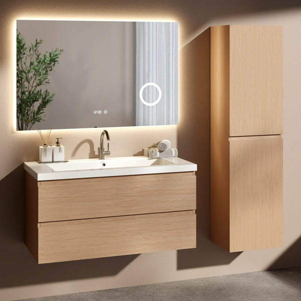 Badkamermeubel set Amara 100cm - Licht eiken - Wastafel wit