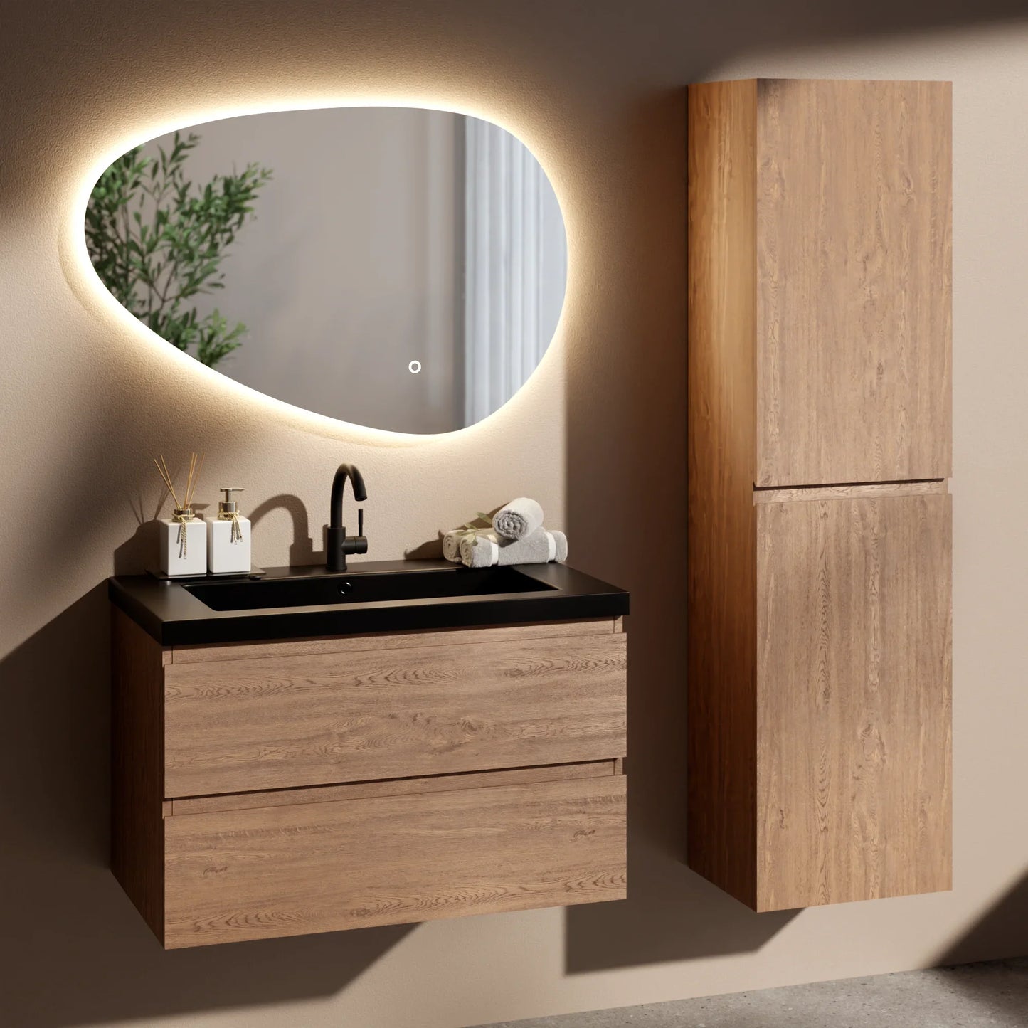 Badkamermeubelset Verona 80 cm - Warm Eiken - Wastafel Zwart - WDtegels