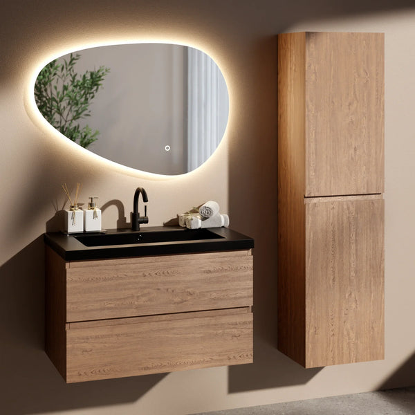 Badkamermeubel set Verona 80 cm - Warm Eiken - Wastafel Zwart - PRE-ORDER