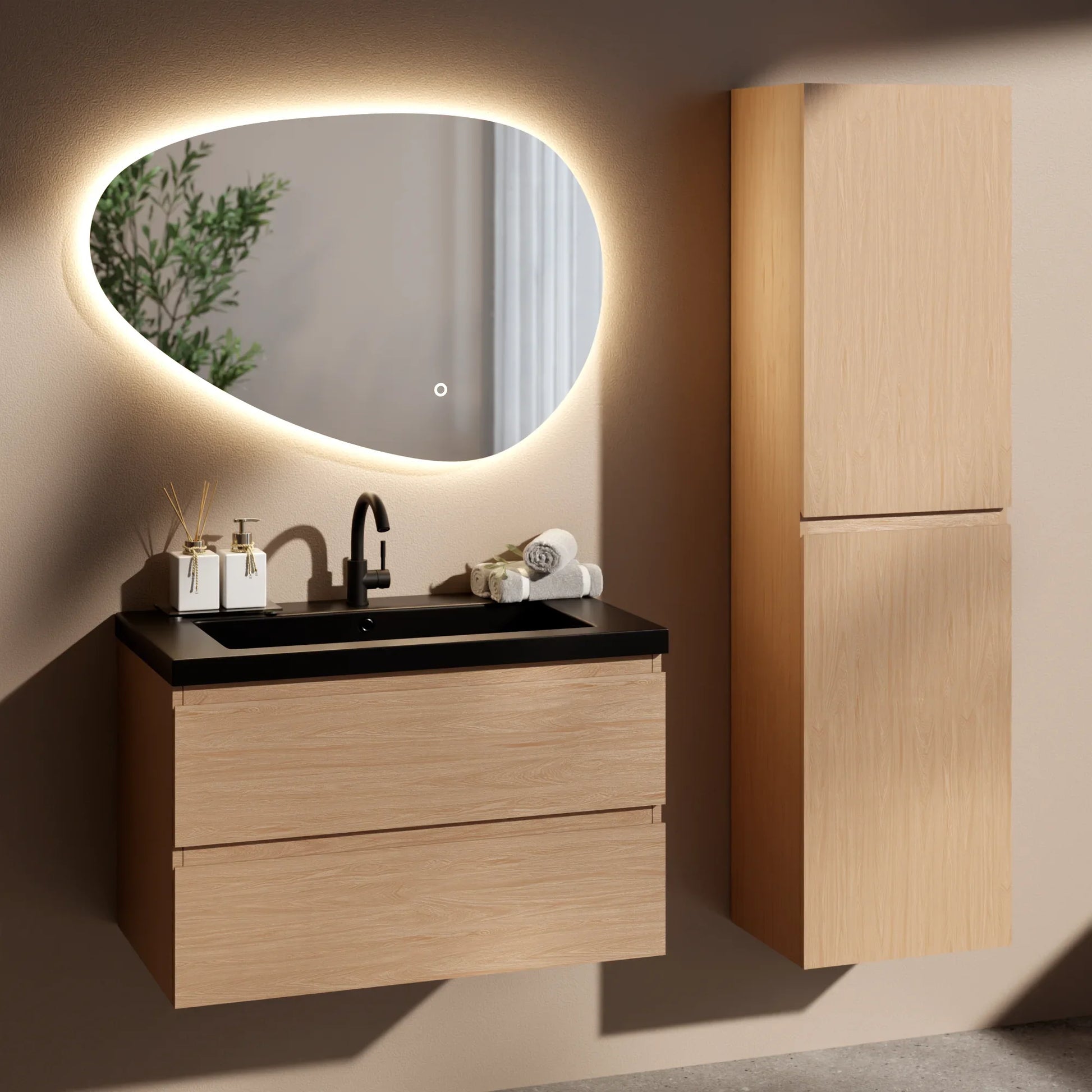 Badkamermeubelset Monaco 80cm - Licht Eiken - Wastafel Zwart - WDtegels