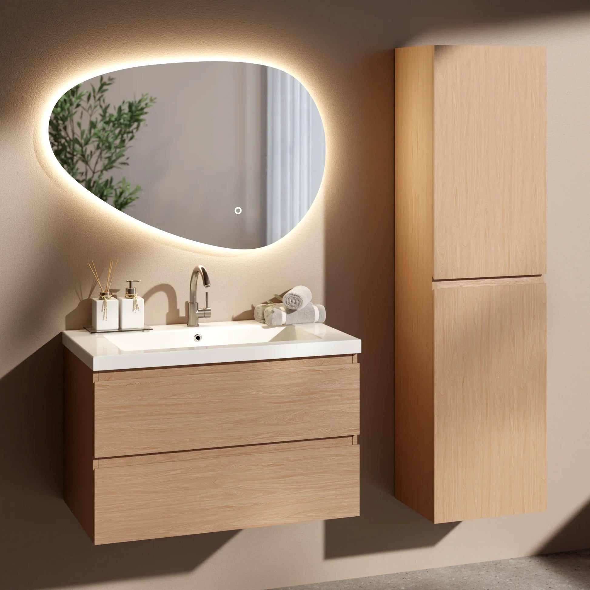 Badkamermeubelset Amara 80cm - Licht Eiken - Wastafel Wit - WDtegels