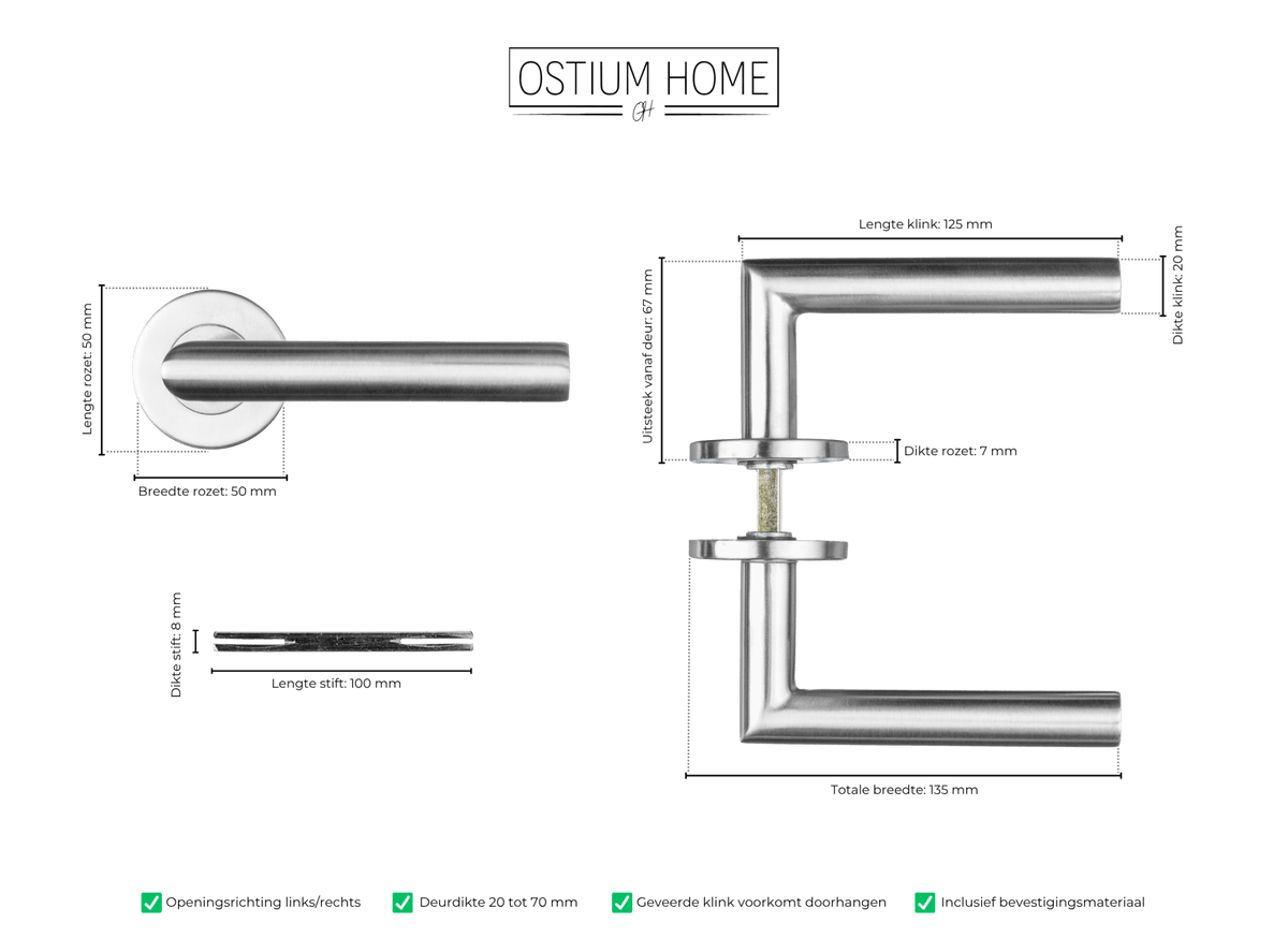 Maattekening van deurklink Ovada in RVS
