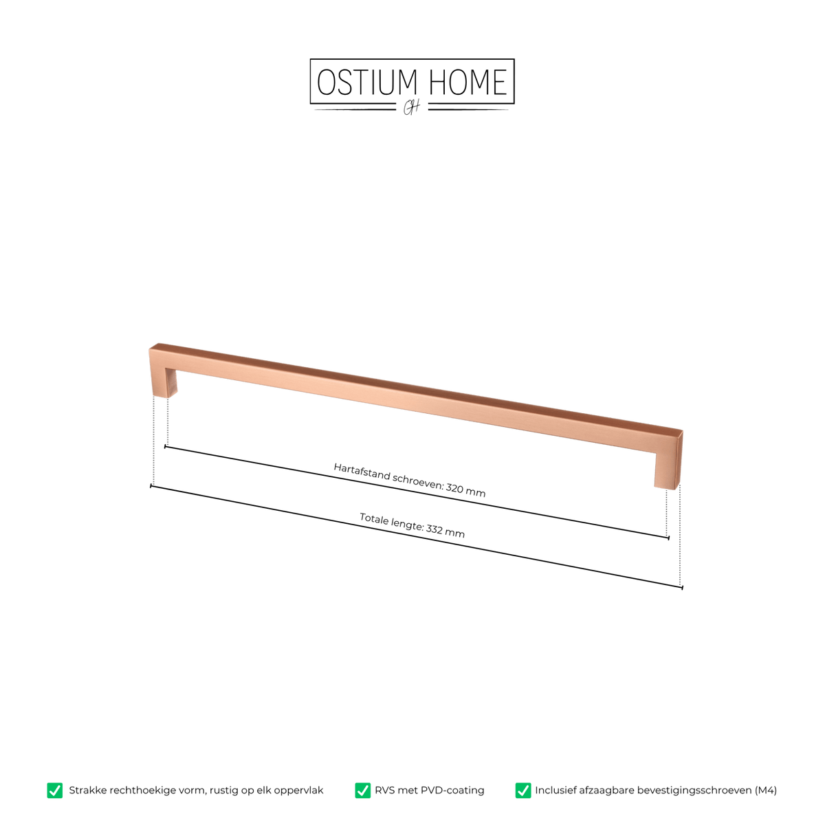 Maattekening van meubelgreep in koper, hartafstand 320 mm, lengte 332 mm