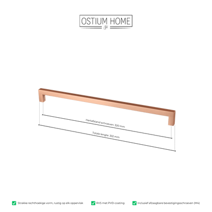 Maattekening van meubelgreep in koper, hartafstand 320 mm, lengte 332 mm