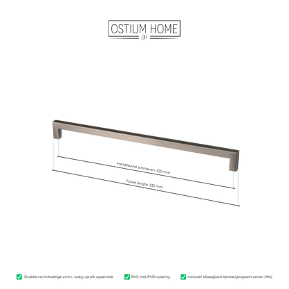 Maattekening van meubelgreep in gun metal, hartafstand 320 mm, lengte 332 mm