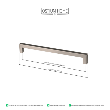 Maattekening van meubelgreep in gun metal, hartafstand 224 mm, lengte 236 mm