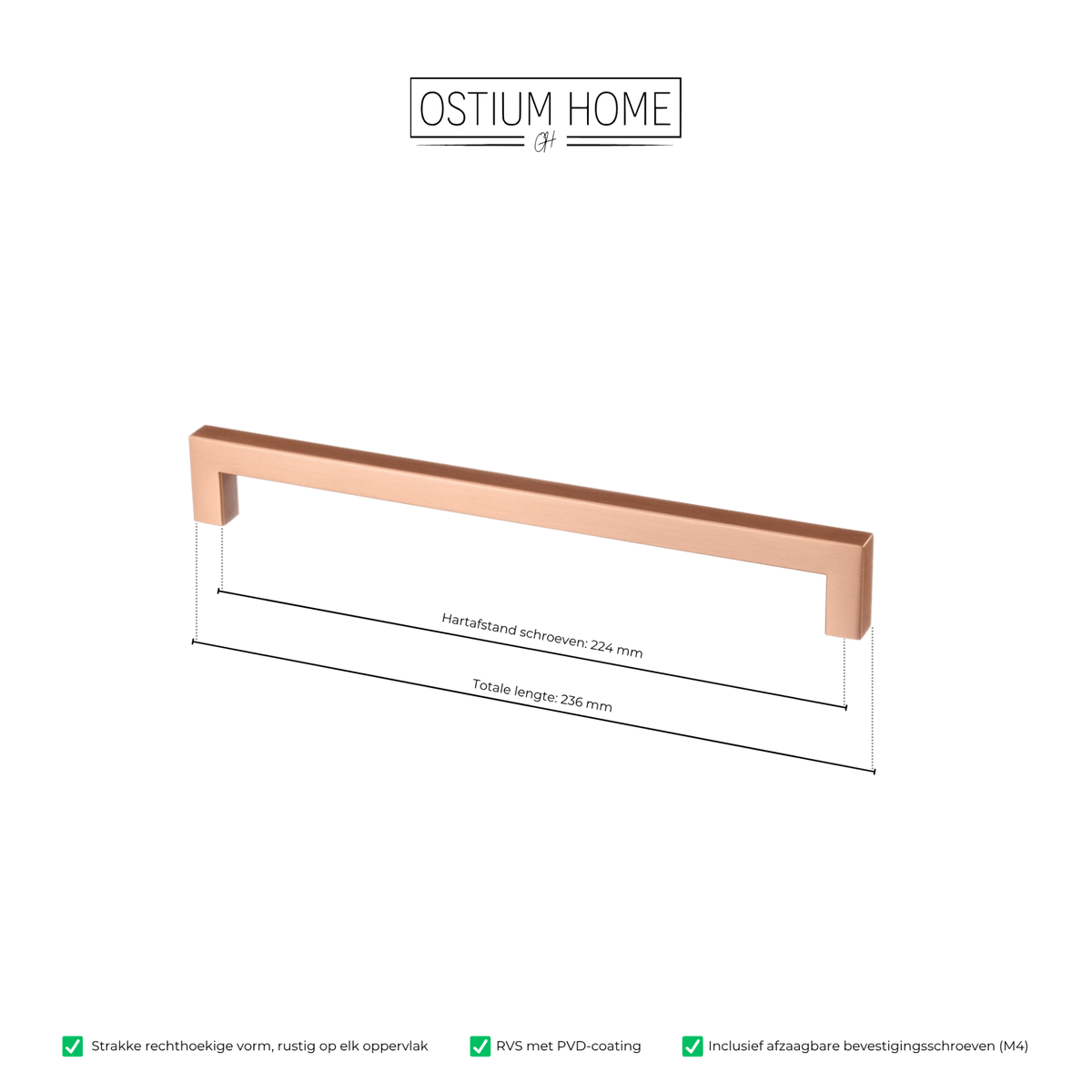 Maattekening van meubelgreep in koper, hartafstand 224 mm, lengte 236 mm
