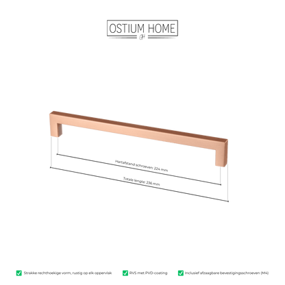 Maattekening van meubelgreep in koper, hartafstand 224 mm, lengte 236 mm