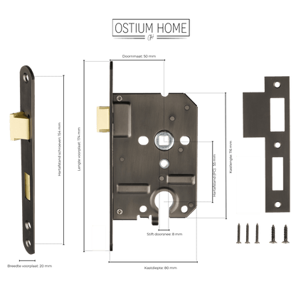 Maattekening van cilinderinsteekslot gun metal PC 55 mm