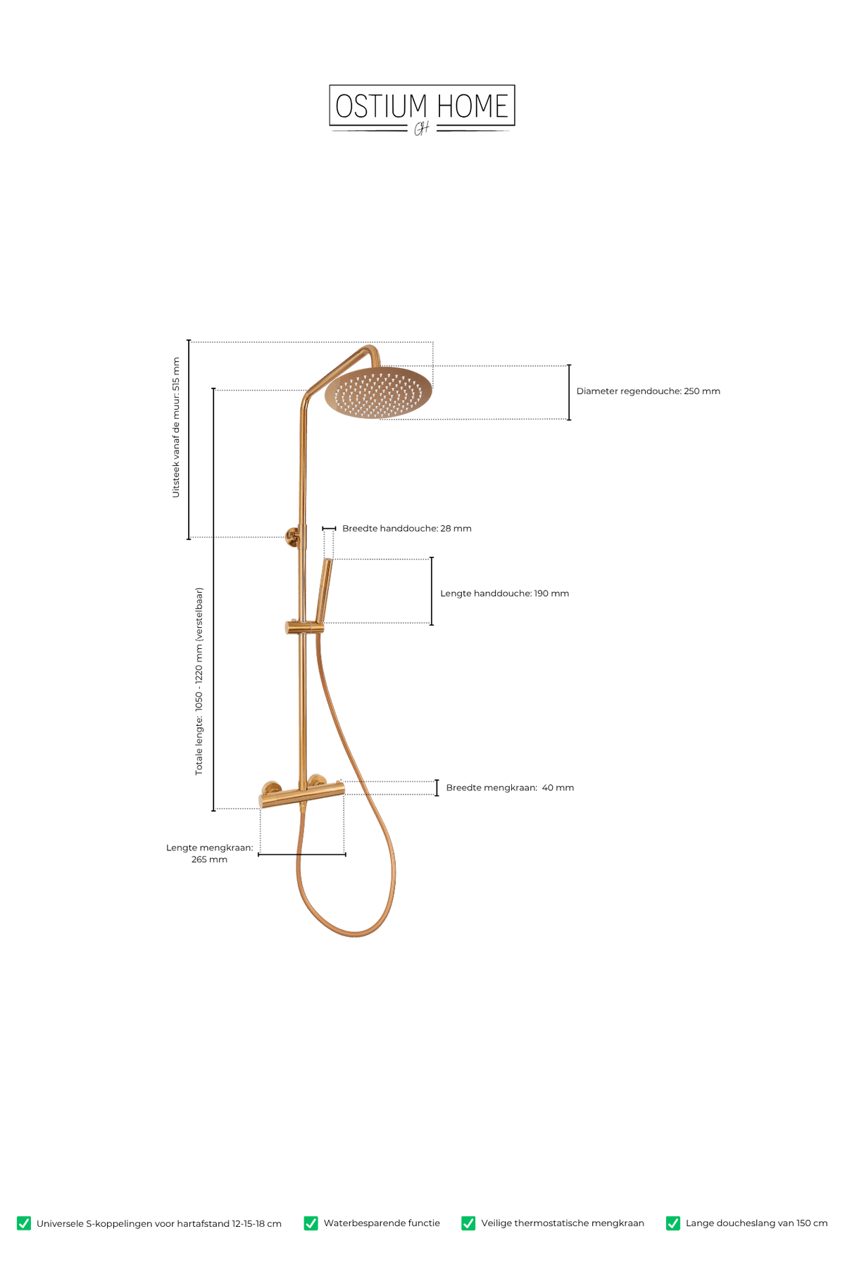 Maattekening van ronde regendoucheset Novi in brons