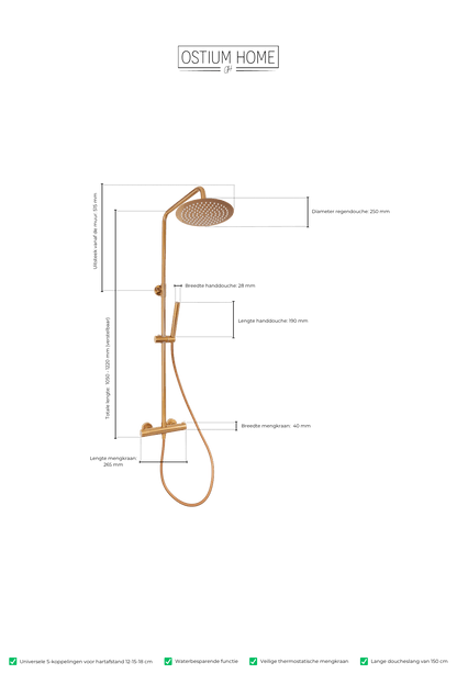 Maattekening van ronde regendoucheset Novi in brons