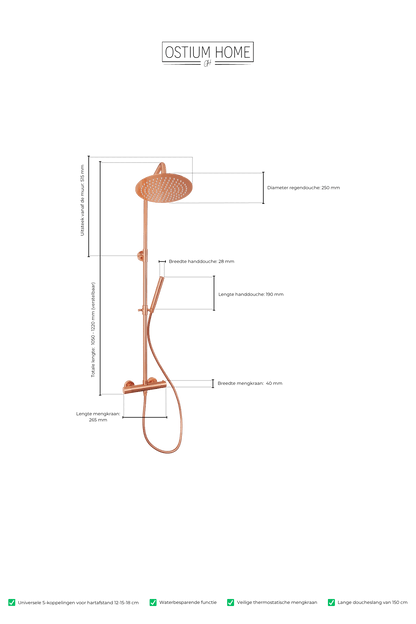 Maattekening van ronde regendoucheset Novi in rosé koper