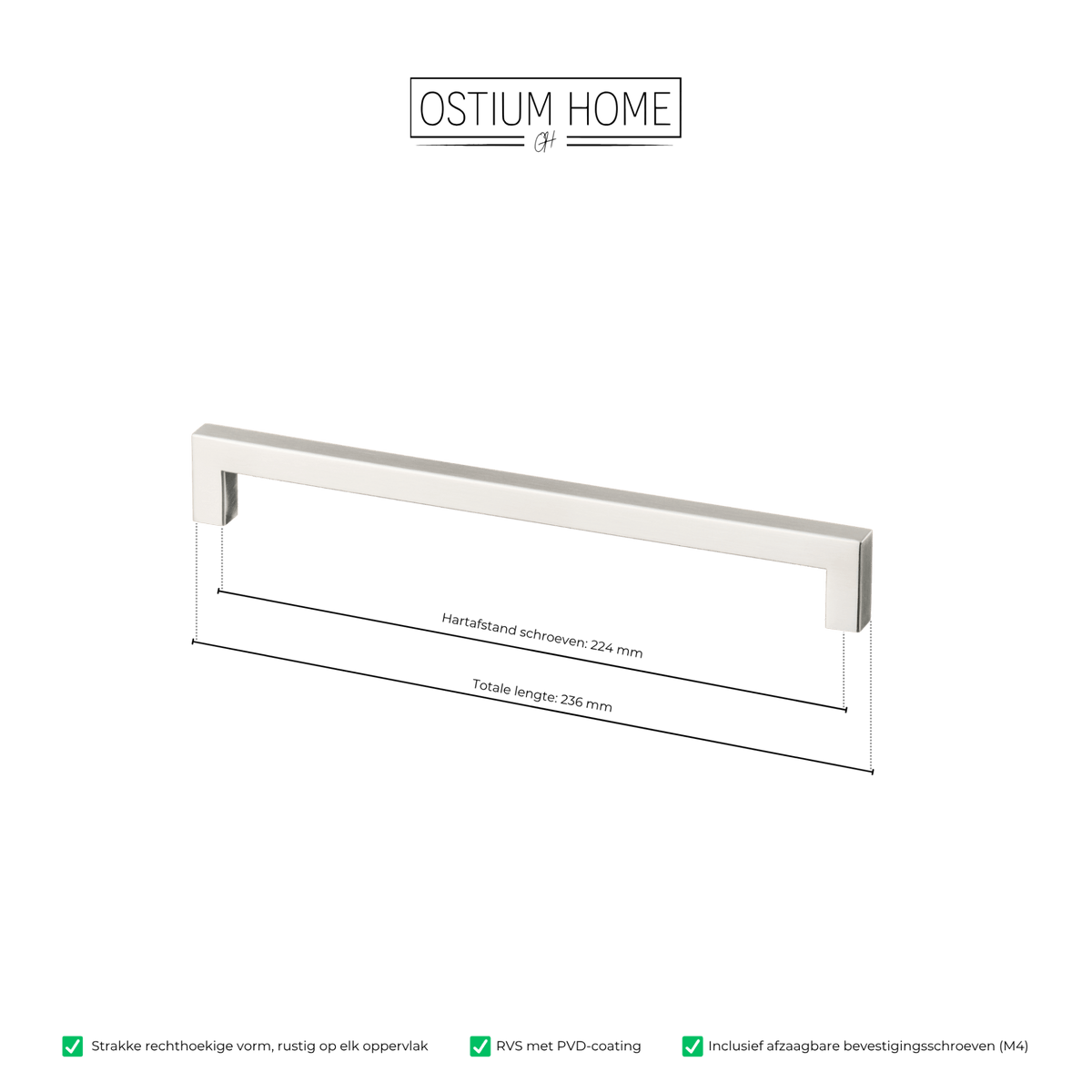 Maattekening van meubelgreep in RVS, hartafstand 224 mm, lengte 236 mm