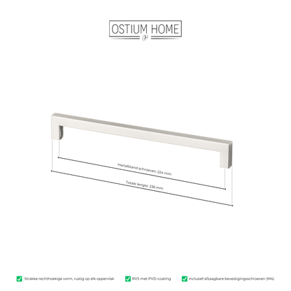 Maattekening van meubelgreep in RVS, hartafstand 224 mm, lengte 236 mm