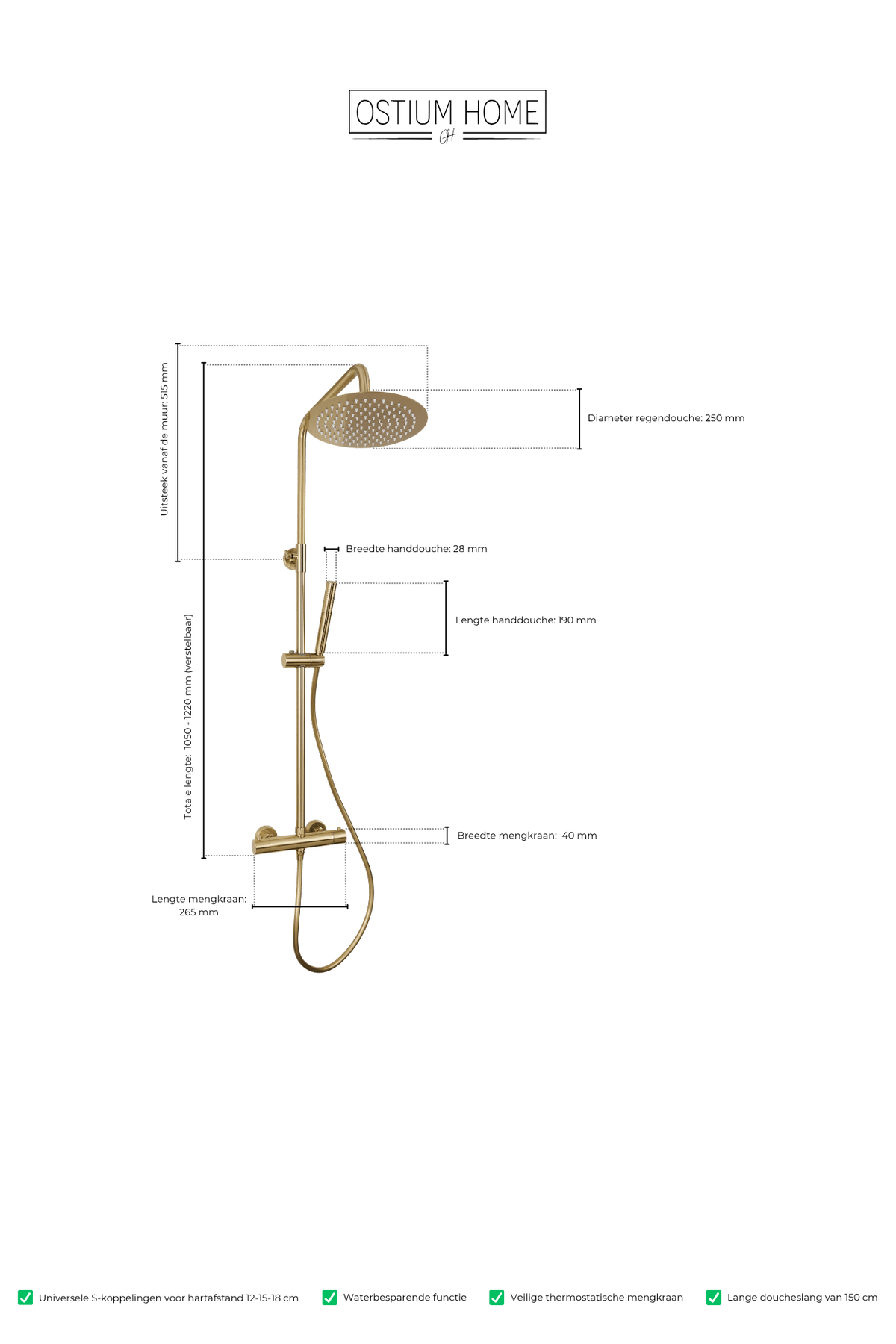 Maattekening van ronde regendoucheset Novi in goud