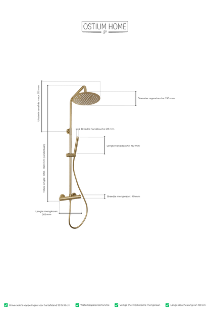 Maattekening van ronde regendoucheset Novi in goud