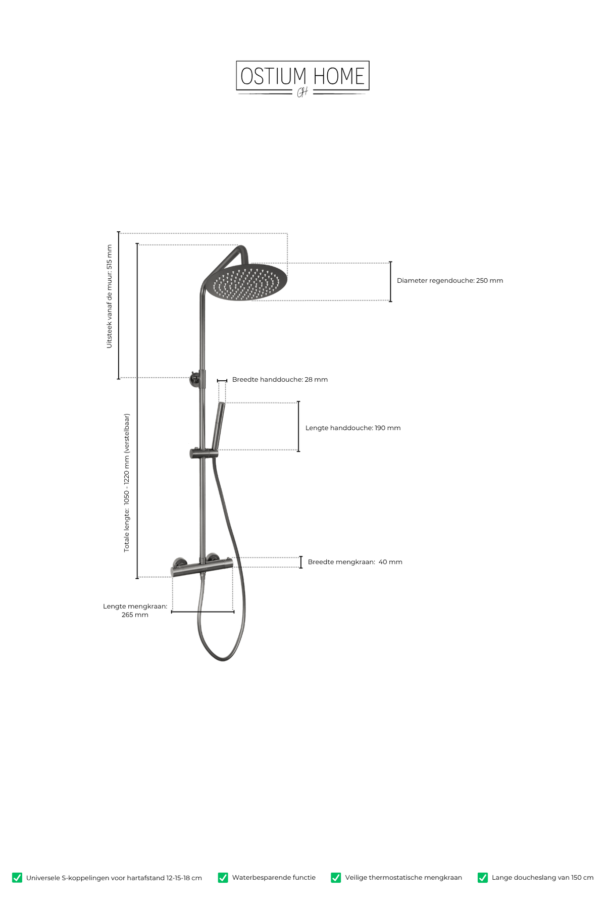 Maattekening van ronde regendoucheset Novi in gun metal