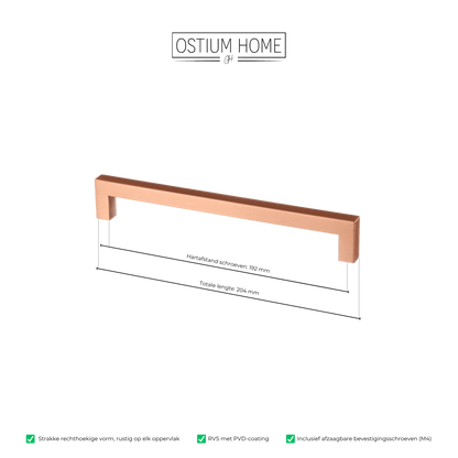Maattekening van meubelgreep in koper, hartafstand 192 mm, lengte 204 mm