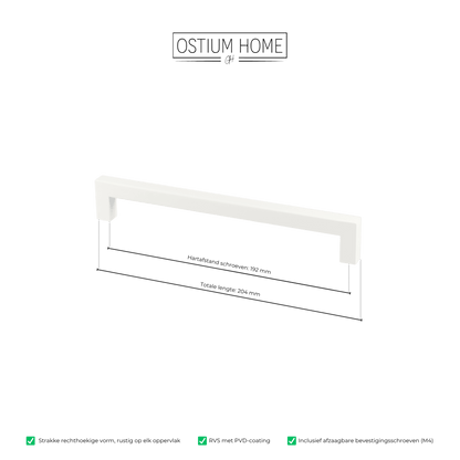 Maattekening van meubelgreep in wit, hartafstand 192 mm, lengte 204 mm