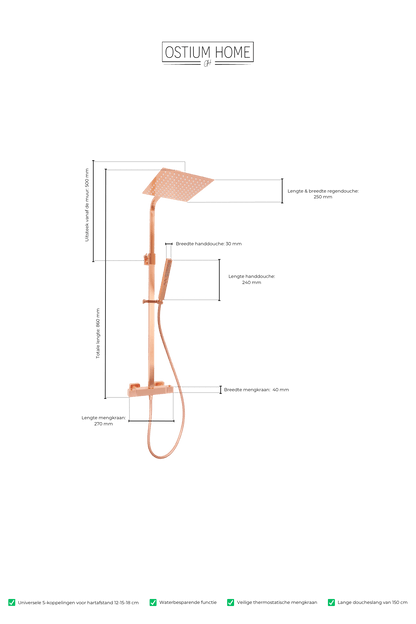 Maattekening van vierkante regendoucheset Voltri in rosé koper