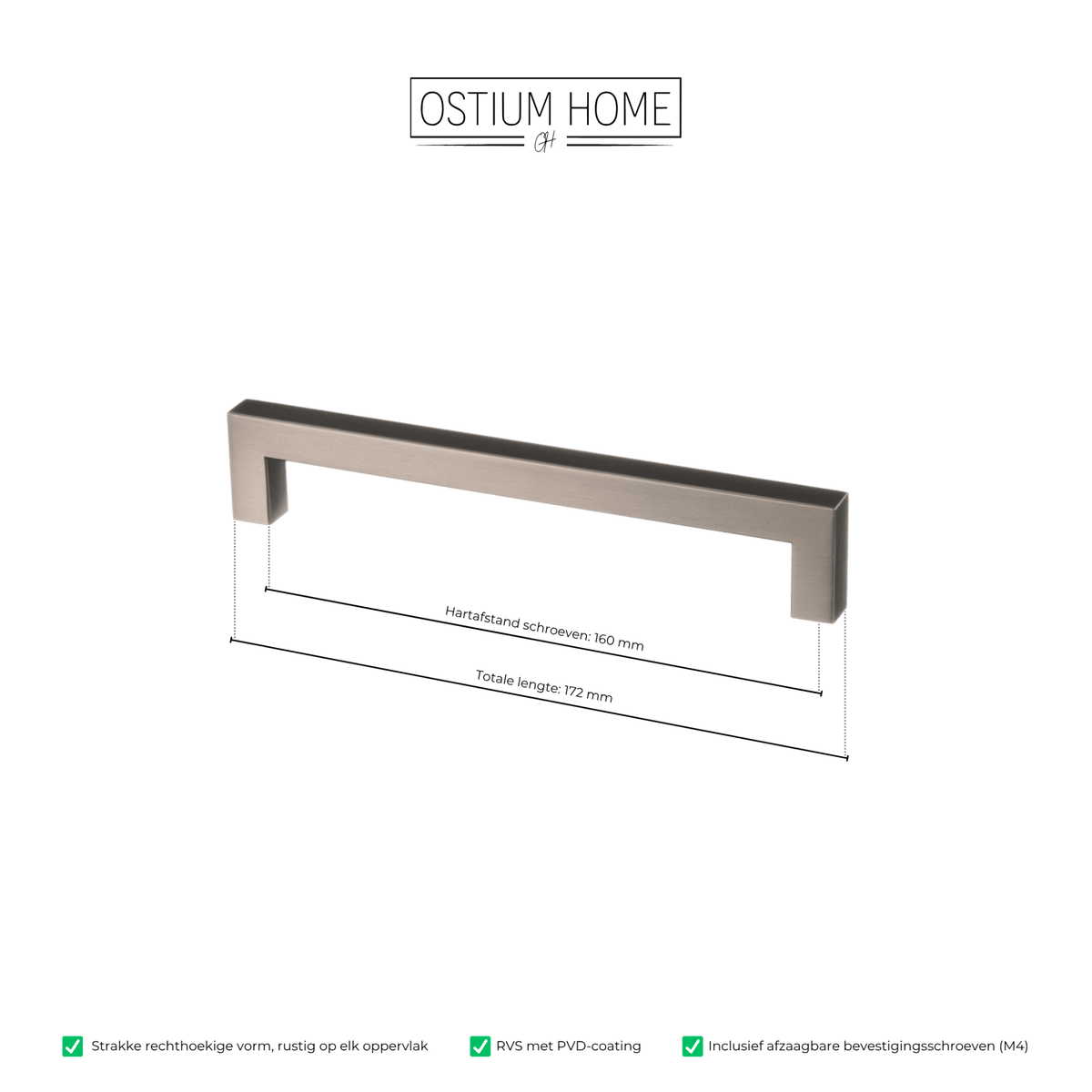 Maattekening van meubelgreep in gun metal, hartafstand 160 mm, lengte 172 mm