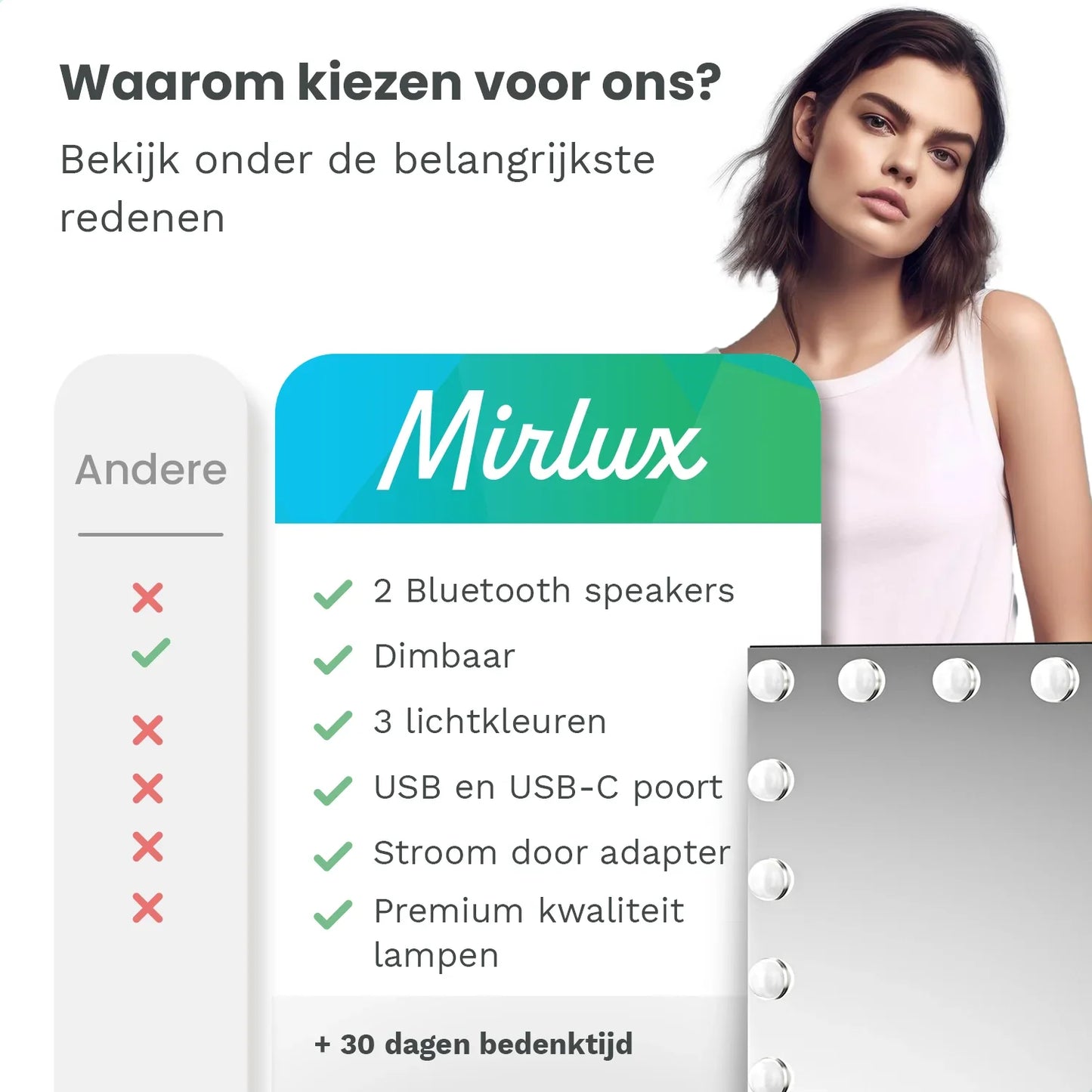 Hollywood Spiegel - Bluetooth Speakers - 80x60cm - Zwart