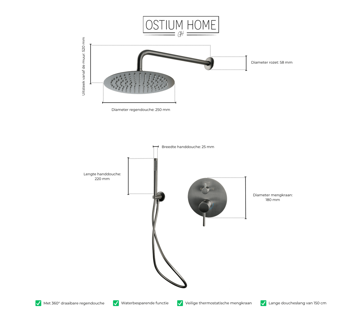 Maattekening van inbouw regendoucheset Terni in gun metal