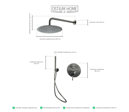 Maattekening van inbouw regendoucheset Terni in gun metal
