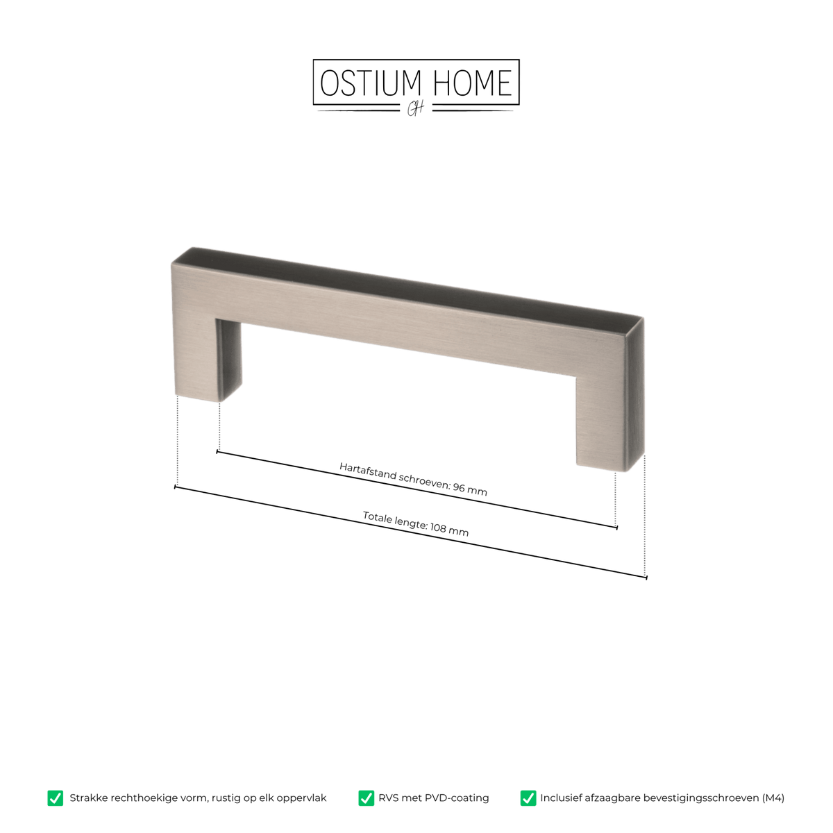 Maattekening van meubelgreep in gun metal, hartafstand 96 mm, lengte 108 mm