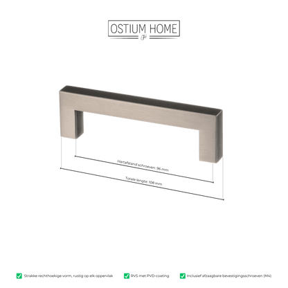 Maattekening van meubelgreep in gun metal, hartafstand 96 mm, lengte 108 mm
