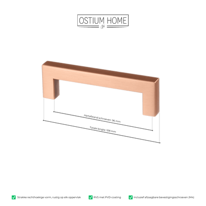 Maattekening van meubelgreep in koper, hartafstand 96 mm, lengte 108 mm