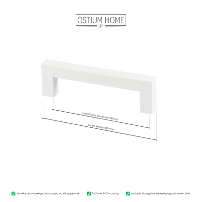 Maattekening van meubelgreep in wit, hartafstand 96 mm, lengte 108 mm