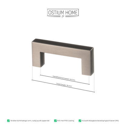 Maattekening van meubelgreep in gun metal, hartafstand 64 mm, lengte 76 mm