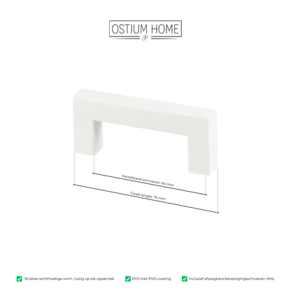 Maattekening van meubelgreep in wit, hartafstand 64 mm, lengte 76 mm