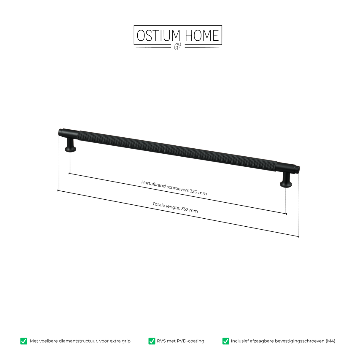 Maattekening van meubelgreep in zwart met diamond cut structuur, hartafstand 320 mm, lengte 352 mm