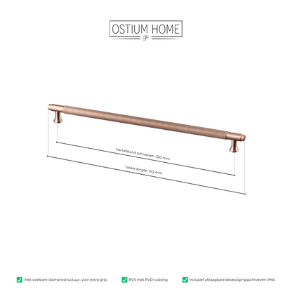 Maattekening van meubelgreep in koper met diamond cut structuur, hartafstand 320 mm, lengte 352 mm