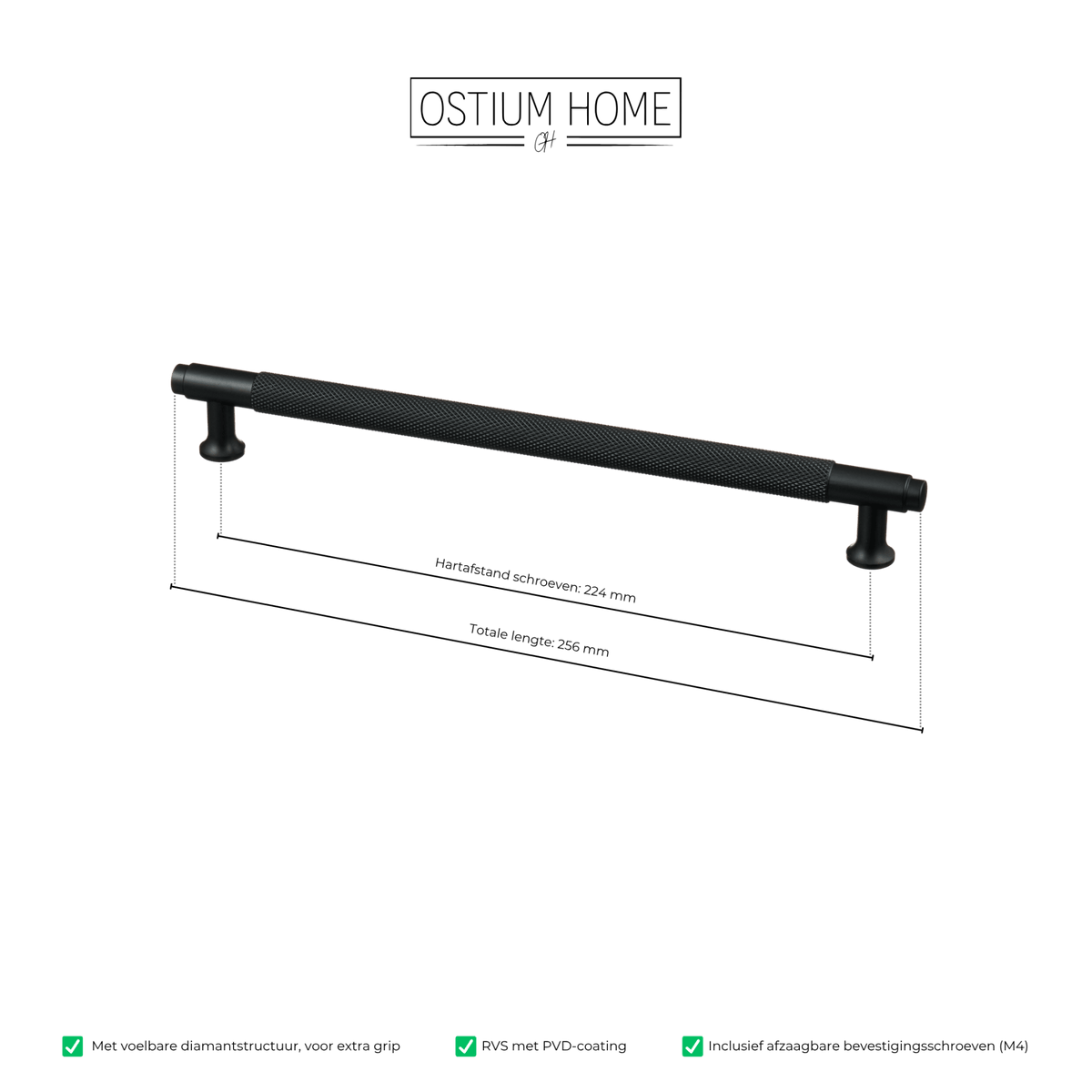 Maattekening van meubelgreep in zwart met diamond cut structuur, hartafstand 224 mm, lengte 256 mm