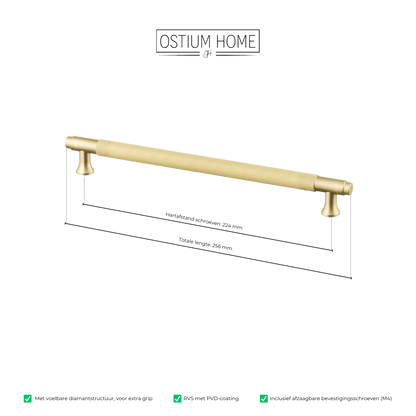 Maattekening van meubelgreep in goud met diamond cut structuur, hartafstand 224 mm, lengte 256 mm