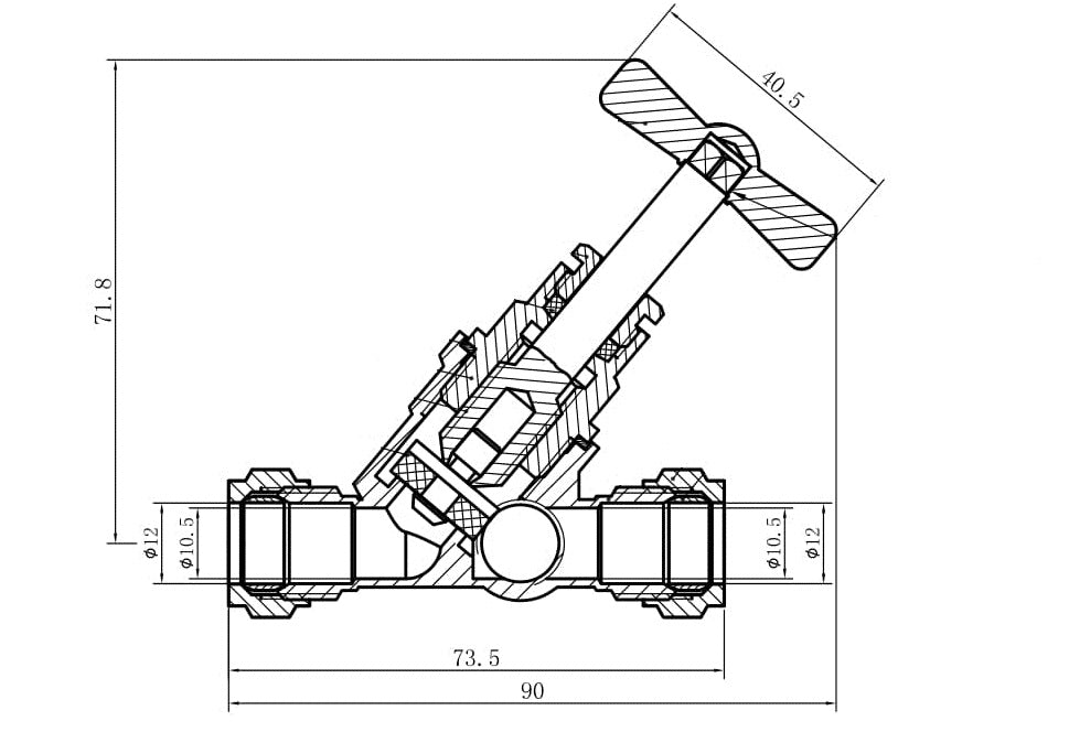 Lijntekening Stopkraan 12mm g.keur knel x knel aftapgelegenheid