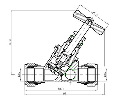 Lijntekening Stopkraan 15mm g.keur knel x knel aftapgelegenheid