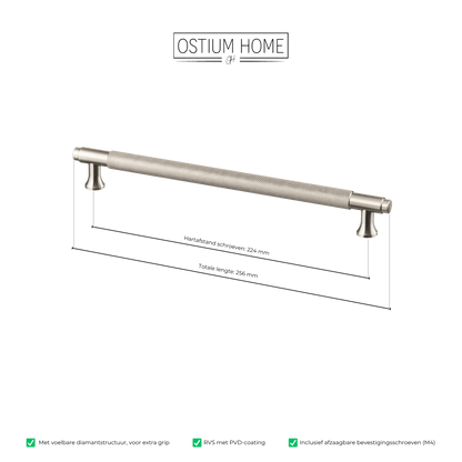 Maattekening van meubelgreep in RVS met diamond cut structuur, hartafstand 224 mm, lengte 256 mm