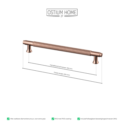 Maattekening van meubelgreep in koper met diamond cut structuur, hartafstand 192 mm, lengte 224 mm