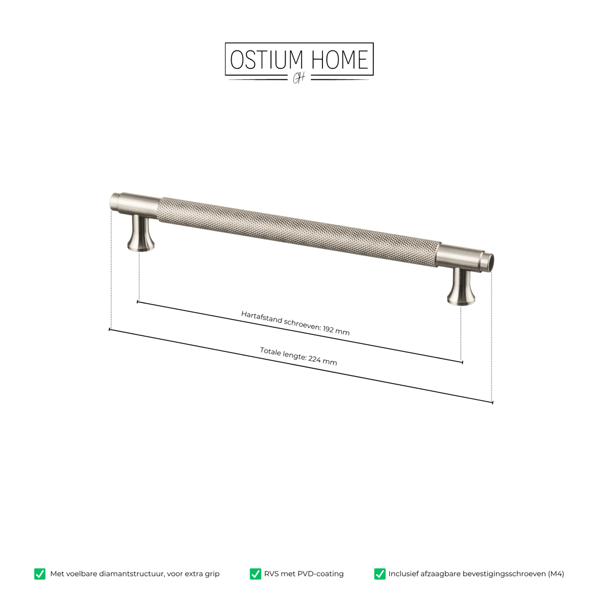 Maattekening van meubelgreep in RVS met diamond cut structuur, hartafstand 192 mm, lengte 224 mm