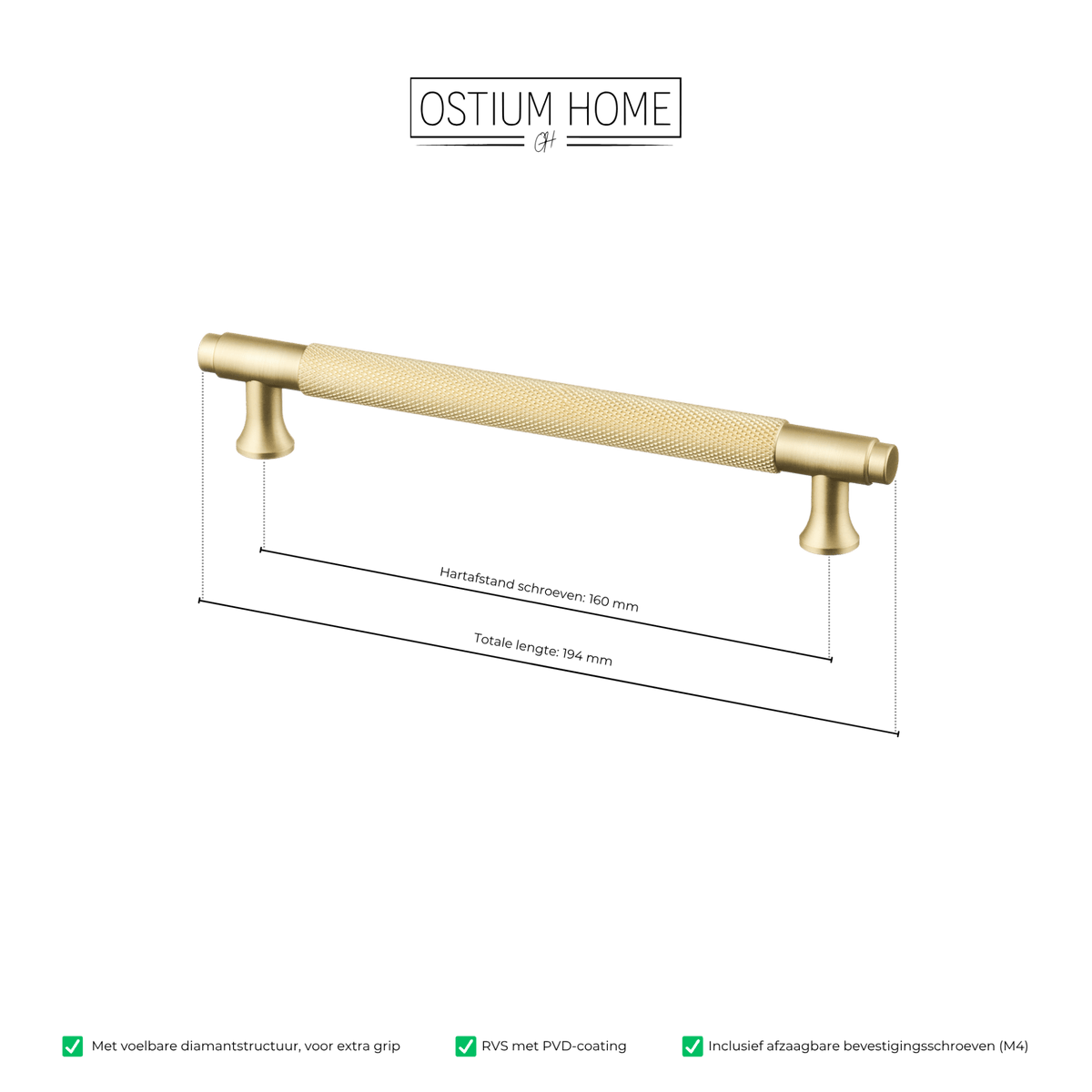Maattekening van meubelgreep in goud met diamond cut structuur, hartafstand 160 mm, lengte 194 mm