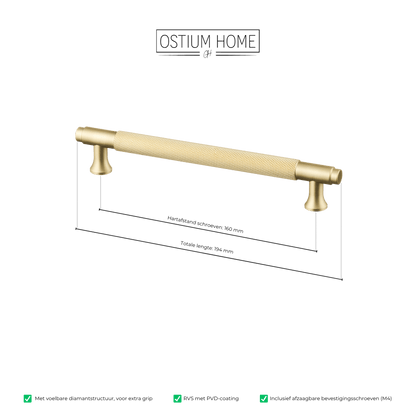 Maattekening van meubelgreep in goud met diamond cut structuur, hartafstand 160 mm, lengte 194 mm