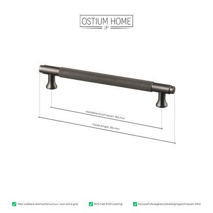 Maattekening van meubelgreep in gun metal met diamond cut structuur, hartafstand 160 mm, lengte 194 mm
