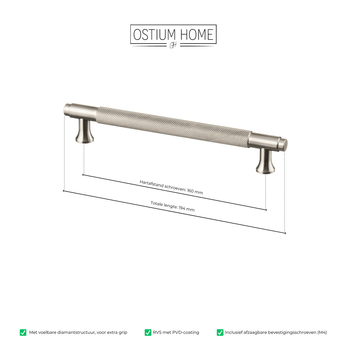 Maattekening van meubelgreep in RVS met diamond cut structuur, hartafstand 160 mm, lengte 194 mm