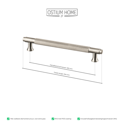 Maattekening van meubelgreep in RVS met diamond cut structuur, hartafstand 160 mm, lengte 194 mm